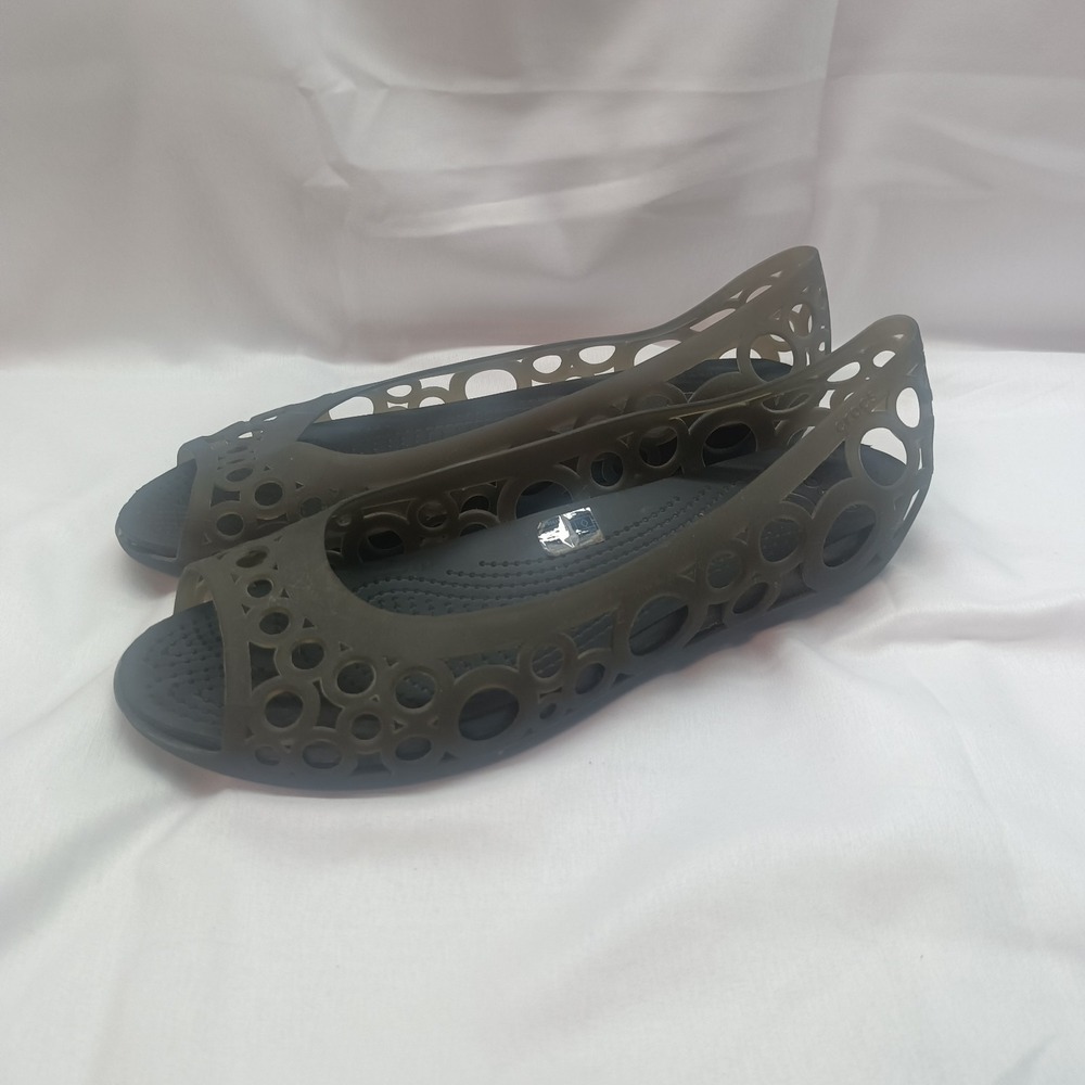 Crocs Adrina III Peep Toe Flats Womens 10 Green Laser Cut Slip On Jelly Shoes